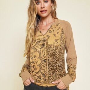 MYSTREE Camel Brown Patchwork Paisley Leopard Print Long Sleeve Top, Boho Chic